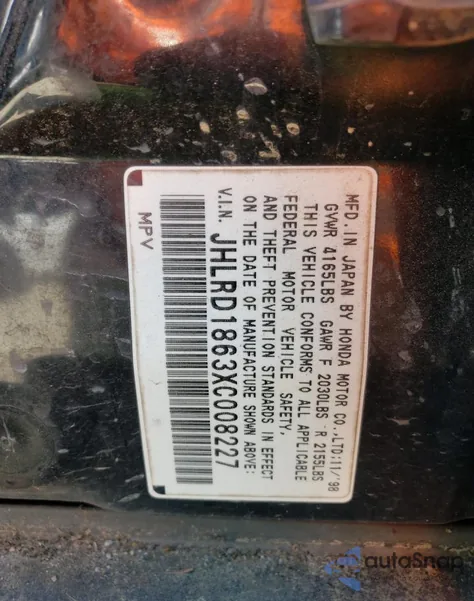 1999 Honda Cr-V Ex from USA, damaged, VIN JHLRD1863XC008227